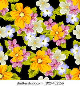 Elegant seamless pattern of flowers on a black background. For the design of cards, invitations, greeting cards, fabrics, banners. For birthday, wedding, Valentine's day, holiday. Vector illustration