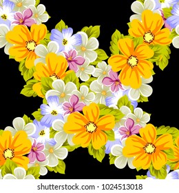 Elegant seamless pattern of flowers on a black background. For the design of cards, invitations, greeting cards, fabrics, banners. For birthday, wedding, Valentine's day, holiday. Vector illustration