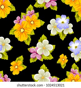 Elegant seamless pattern of flowers on a black background. For the design of cards, invitations, greeting cards, fabrics, banners. For birthday, wedding, Valentine's day, holiday. Vector illustration