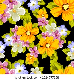 Elegant seamless pattern of flowers on a black background. For the design of cards, invitations, greeting cards, fabrics, banners. For birthday, wedding, Valentine's day, holiday. Vector illustration