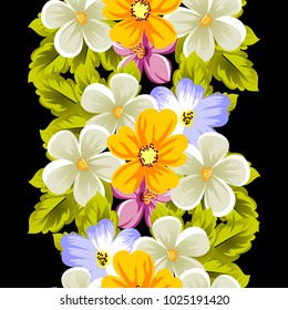 Elegant seamless pattern of flowers on a black background. For the design of cards, invitations, greeting cards, fabrics, banners. For birthday, wedding, Valentine's day, holiday. Vector illustration