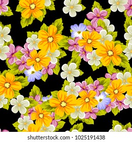 Elegant seamless pattern of flowers on a black background. For the design of cards, invitations, greeting cards, fabrics, banners. For birthday, wedding, Valentine's day, holiday. Vector illustration