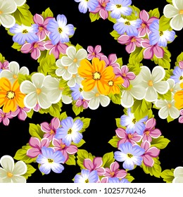 Elegant seamless pattern of flowers on a black background. For the design of cards, invitations, greeting cards, fabrics, banners. For birthday, wedding, Valentine's day, holiday. Vector illustration