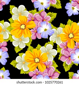 Elegant seamless pattern of flowers on a black background. For the design of cards, invitations, greeting cards, fabrics, banners. For birthday, wedding, Valentine's day, holiday. Vector illustration