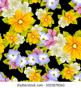 Elegant seamless pattern of flowers on a black background. For the design of cards, invitations, greeting cards, fabrics, banners. For birthday, wedding, party, Valentine's day. Vector illustration.