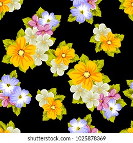 Elegant seamless pattern of flowers on a black background. For the design of cards, invitations, greeting cards, fabrics, banners. For birthday, wedding, party, Valentine's day. Vector illustration