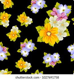 Elegant seamless pattern of flowers on a black background. For the design of cards, invitations, greeting cards, fabrics, banners. For birthday, wedding, Valentine's day, holiday. Vector illustration