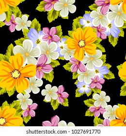 Elegant seamless pattern of flowers on a black background. For the design of cards, invitations, greeting cards, fabrics, banners. For birthday, wedding, Valentine's day, holiday. Vector illustration