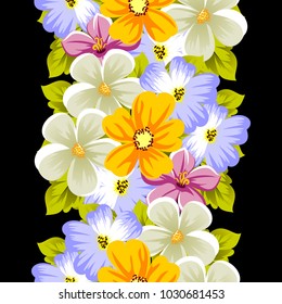 Elegant seamless pattern of flowers on a black background. For the design of cards, invitations, greeting cards, fabrics, banners. For birthday, wedding, Valentine's day, holiday. Vector illustration