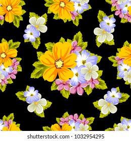 Elegant seamless pattern of flowers on a black background. For the design of cards, invitations, greeting cards, fabrics, banners. For birthday, wedding, Valentine's day, holiday. Vector illustration
