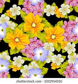 Elegant seamless pattern of flowers on a black background. For the design of cards, invitations, greeting cards, fabrics, banners. For birthday, wedding, Valentine's day, holiday. Vector illustration