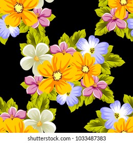 Elegant seamless pattern of flowers on a black background. For the design of cards, invitations, greeting cards, fabrics, banners. For birthday, wedding, Valentine's day, holiday. Vector illustration