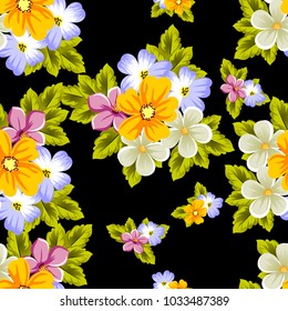 Elegant seamless pattern of flowers on a black background. For the design of cards, invitations, greeting cards, fabrics, banners. For birthday, wedding, Valentine's day, holiday. Vector illustration