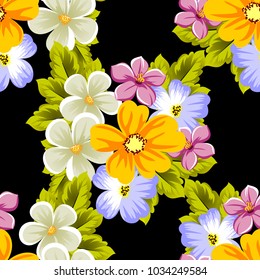Elegant seamless pattern of flowers on a black background. For the design of cards, invitations, greeting cards, fabrics, banners. For birthday, wedding, Valentine's day, holiday. Vector illustration