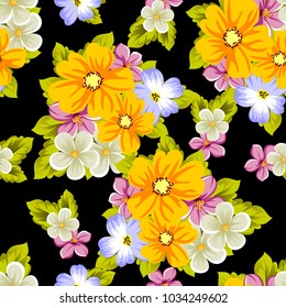 Elegant seamless pattern of flowers on a black background. For the design of cards, invitations, greeting cards, fabrics, banners. For birthday, wedding, Valentine's day, holiday. Vector illustration