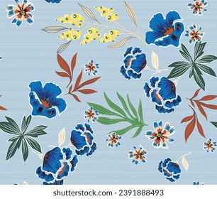 Elegante, nahtlose Muster Blumen mit Streifen blau, Design-Elemente. Blumenmuster für Einladungen, Karten, Druck, Geschenkverpackungen, Herstellung, Textilien, Gewebe, Wallpaper