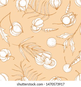 Elegant seamless pattern with fresh ripe guarana and physalis fruits and berries hand drawn with contour lines on orange background. Backdrop with natural superfoods. Monochrome vector illustration.
