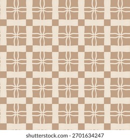 elegant seamless pattern with geometric floral motif on a checkered grid. classic design in neutral beige and cream has a hand-drawn feel, perfect for sophisticated backgrounds, wallpaper, and fabric
