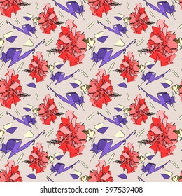 Elegant seamless pattern with geometrical red rose flowers on light background. Retro style artwork with Spanish floral motifs.