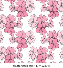 Elegant seamless pattern with geranium flowers, design elements. Floral  pattern for invitations, cards, print, gift wrap, manufacturing, textile, fabric, wallpapers. Continuous line art style