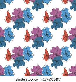 Elegantes, nahtloses Muster mit Geranenblumen, Designelementen. Blumenmuster für Einladungen, Karten, Druck, Geschenkverpackung, Herstellung, Textilien, Gewebe, Wallpaper. Kunststil mit kontinuierlicher Linie