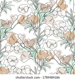Elegant seamless pattern with gingko, cotton and bamboo, design elements. Floral  pattern for invitations, cards, print, gift wrap, manufacturing, textile, fabric, wallpapers. Continuous line 