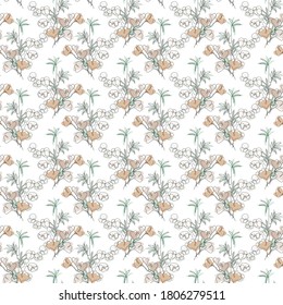 Elegante patrón impecable con ginkgo, algodón, bambú, elementos de diseño. Patrón floral para invitaciones, tarjetas, impresiones, envoltura de regalo, manufactura, textiles, tela, papel pintado. Estilo de arte de línea continuo