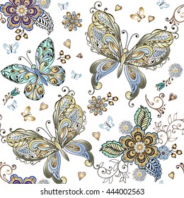 Elegantes, nahtloses Muster mit goldenen und blauen Schmetterlingen. Vintage Blumen nahtlose Ornamente in Gold und Blau. Dekorative Ornament-Hintergrund für Stoff, Textilien, Wickelpapier.
