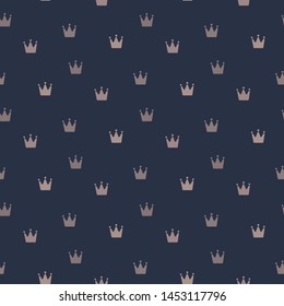 Elegant seamless pattern with gold crowns on dark blue background. Perfect abstract print. Premium Wallpaper pattern in retro style. Vector illustration.