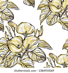 Elegant seamless pattern with golden calla flowers, design elements. Floral  pattern for invitations, cards, print, gift wrap, manufacturing, textile, fabric, wallpapers