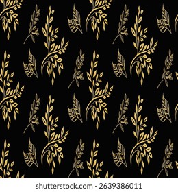 Elegant seamless pattern of golden hand-drawn leaf vines on a black background. A delicate and luxurious design for wedding invitations, premium packaging, and decor.