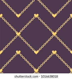 Elegant seamless pattern with golden hearts and ring chain on purple background. Luxury glossy gold heart on chain for Valentine's day greeting cards, jewelry store design, textile, wrapping paper