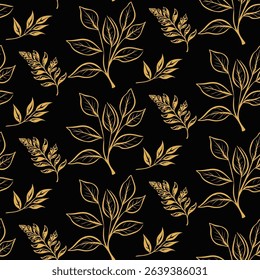 Elegant seamless pattern with golden outline drawings of various leaves and branches on a black background. A sophisticated and minimalist line art design for modern decor. 