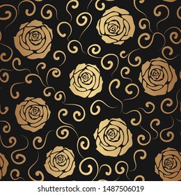Elegant seamless pattern with golden roses on a black background.