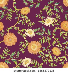 Elegant seamless pattern of goldenrod flowers of chrysanthemums and gerberas, twigs and leaves on a plum background. Vector illustration with floral ornaments.