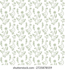Elegante patrón sin fisuras con ganso y flores silvestres en color verde. Línea de arte dibujado a mano ilustraciones minimalistas.