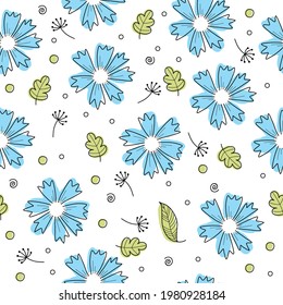 Elegant seamless pattern with gorgeous blooming spring flowers hand drawn with contour lines on white background. Natural vector illustration for fabric print, wallpaper, wrapping paper, backdrop