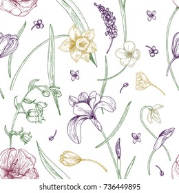 Elegant seamless pattern with gorgeous blooming spring flowers hand drawn with contour lines on white background. Natural vector illustration for fabric print, wallpaper, wrapping paper, backdrop.