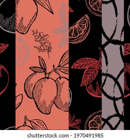 Elegant seamless pattern with grapefruit and mango, design elements. Fruit  pattern for invitations, cards, print, gift wrap, manufacturing, textile, fabric, wallpapers. Food, kitchen, vegetarian them