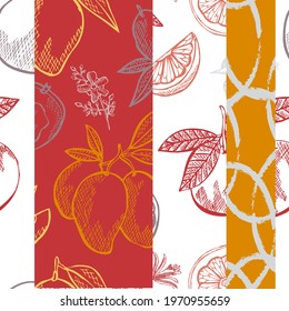 Elegant seamless pattern with grapefruit and mango, design elements. Fruit  pattern for invitations, cards, print, gift wrap, manufacturing, textile, fabric, wallpapers. Food, kitchen, vegetarian them