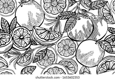Elegantes, nahtloses Muster mit Grapefruits, Design-Elementen. Obstmuster für Einladungen, Karten, Druck, Geschenkverpackung, Herstellung, Textilien, Gewebe, Wallpaper. Essen, Küche, vegetarisches Thema