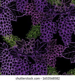 Elegant seamless pattern with grapes, design elements. Fruit  pattern for invitations, cards, print, gift wrap, manufacturing, textile, fabric, wallpapers. Food, kitchen, vegetarian theme