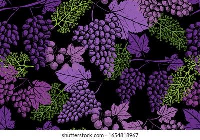 Elegant seamless pattern with grapes, design elements. Fruit  pattern for invitations, cards, print, gift wrap, manufacturing, textile, fabric, wallpapers. Food, kitchen, vegetarian theme