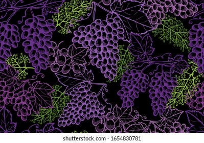 Elegante patrón impecable con uvas, elementos de diseño. Patrón de frutas para invitaciones, tarjetas, impresión, envoltura de regalo, manufactura, textiles, tela, papel pintado. Comida, cocina, temática vegetariana