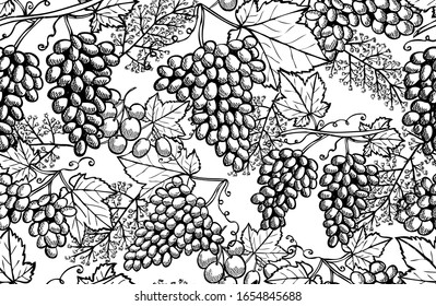 Elegant seamless pattern with grapes, design elements. Fruit  pattern for invitations, cards, print, gift wrap, manufacturing, textile, fabric, wallpapers. Food, kitchen, vegetarian theme