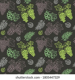 Elegant seamless pattern with grapes, design elements. Fruit  pattern for invitations, cards, print, gift wrap, manufacturing, textile, fabric, wallpapers. Food, kitchen, vegetarian theme