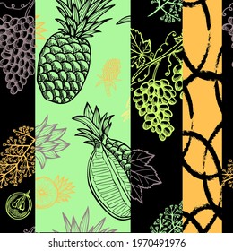 Elegant seamless pattern with grapes and pineapples, design elements. Fruit  pattern for invitations, cards, print, gift wrap, manufacturing, textile, fabric, wallpapers. Food, kitchen theme