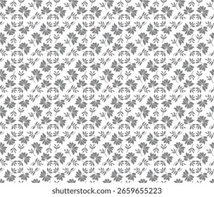Elegante padrão sem emenda com elementos florais cinza e motivos de folha em um fundo branco, perfeito para o uso clássico, sofisticado e design de decoração de casa