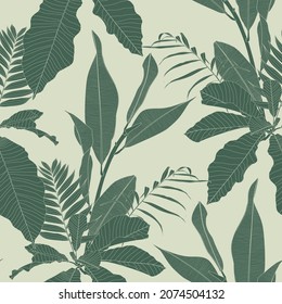 Elegant Seamless Pattern With Green Hand Drawn Line Tropical Leaves And Flowers. Floral Pattern. Vintage Green Background.