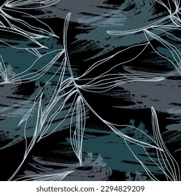 Elegant seamless pattern with green hand drawn line tropical leaves. A contemporary collage with simple shapes. Modern exotic design for paper, cover, fabric, wallpaper, interior. Vector graphics.